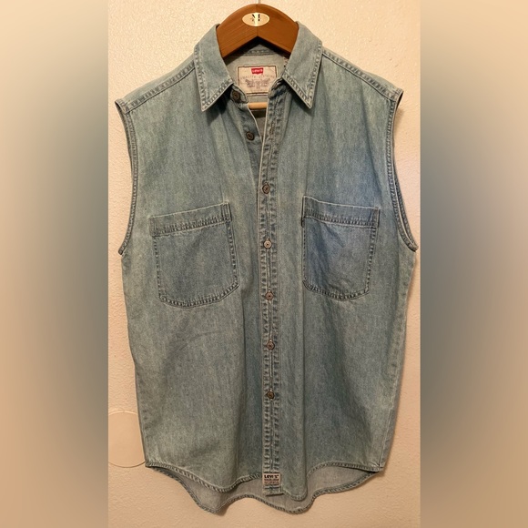 Vintage Levi’s Sleeveless Denim Shirt Vest Men’s Large Hong Kong Gray Tab - Picture 1 of 5